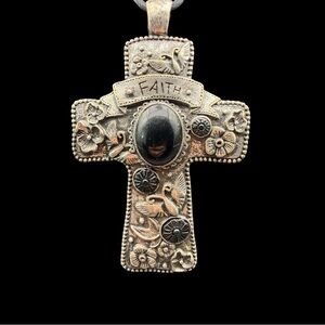 HUGE Artisan made FAITH Black Stone Floral Silver Cross Pendant 4.5” x  3”
